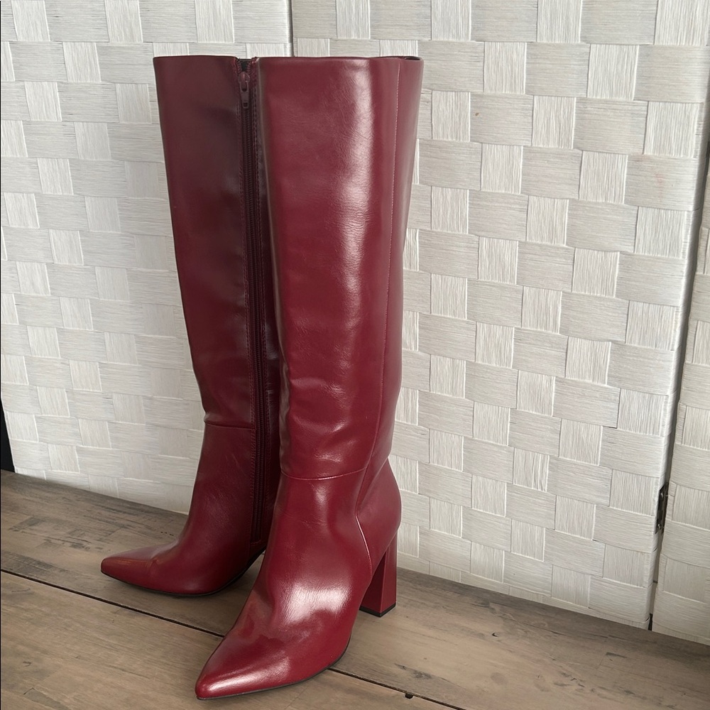 Women's Tall Pointed-Toe Block Heel Leather Boots - Burgundy - Picture 9 of 9